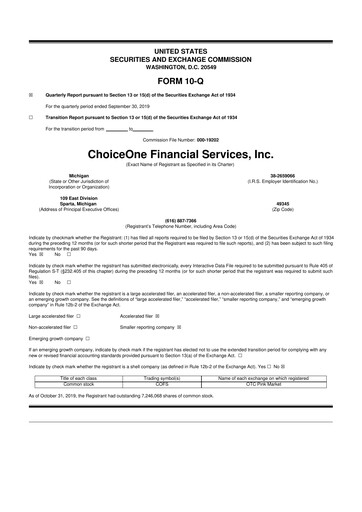 Miniature ChoiceOne Financial Services 10-Q Rapport trimestriel 2019 