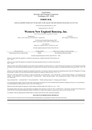 Thumbnail Western New England Bancorp 10-K Annual Report 2019