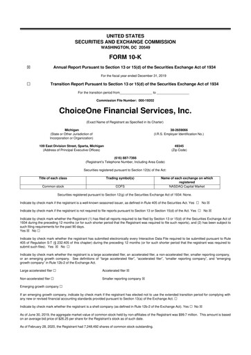 Miniature ChoiceOne Financial Services 10-K Rapport annuel 2019