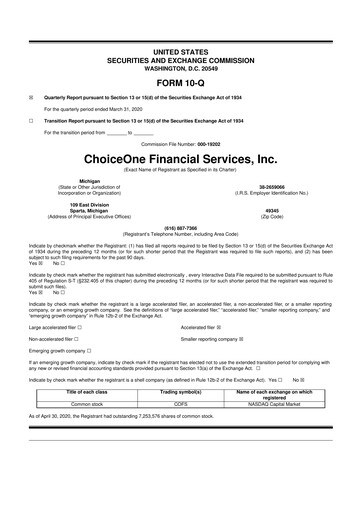 Miniature ChoiceOne Financial Services 10-Q Rapport trimestriel 2020 