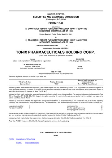 Thumbnail Tonix Pharmaceuticals 10-Q Quarterly Report FY2021 