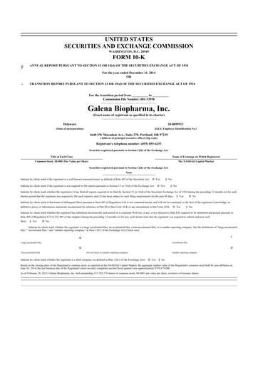 Thumbnail SELLAS Life Sciences 10-K Annual Report 2014