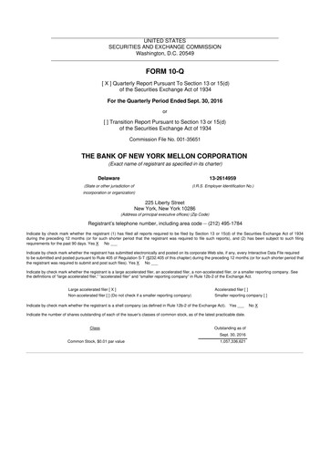 Vorschaubild BNY Mellon (Bank of New York Mellon) 10-Q Quartalsbericht 2016 