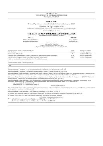 Miniature BNY Mellon (Bank of New York Mellon) 10-K Rapport annuel 2019