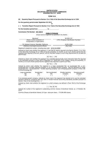Miniature Public Storage 10-Q Rapport trimestriel 2018 