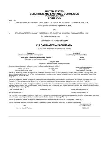Thumbnail Vulcan Materials 10-Q Quarterly Report FY2019 