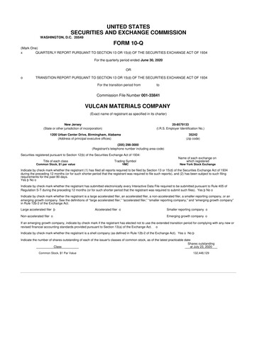 Thumbnail Vulcan Materials 10-Q Quarterly Report FY2020 