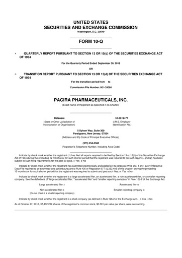 Miniature Pacira Biosciences
 10-Q Rapport trimestriel 2016 