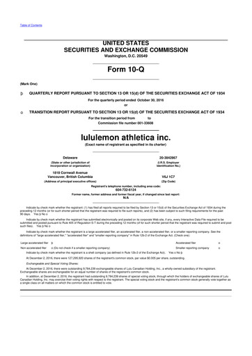 Thumbnail lululemon athletica 10-Q Quarterly Report FY2016 