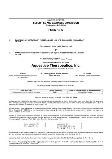 Vorschaubild Aquestive Therapeutics
 10-Q Quartalsbericht  