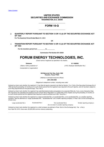 Thumbnail Forum Energy Technologies
 10-Q Quarterly Report FY2012 
