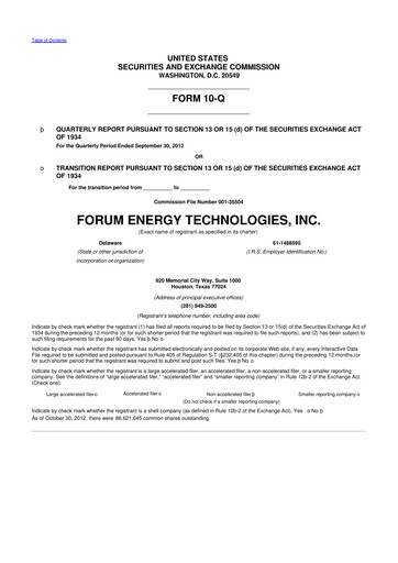 Thumbnail Forum Energy Technologies
 10-Q Quarterly Report FY2012 