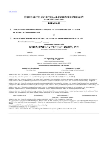 Thumbnail Forum Energy Technologies
 10-K Annual Report 2016