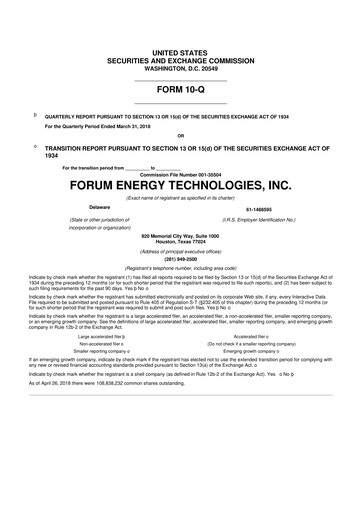 Thumbnail Forum Energy Technologies
 10-Q Quarterly Report FY2018 