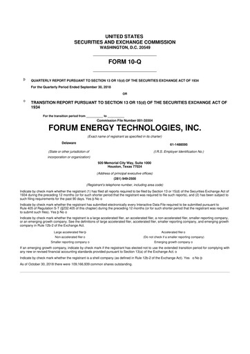 Thumbnail Forum Energy Technologies
 10-Q Quarterly Report FY2018 