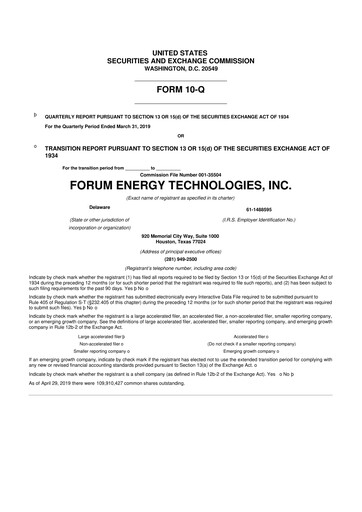 Thumbnail Forum Energy Technologies
 10-Q Quarterly Report FY2019 