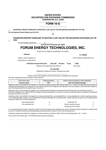 Thumbnail Forum Energy Technologies
 10-Q Quarterly Report FY2019 