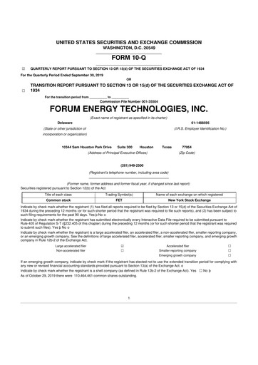 Thumbnail Forum Energy Technologies
 10-Q Quarterly Report FY2019 