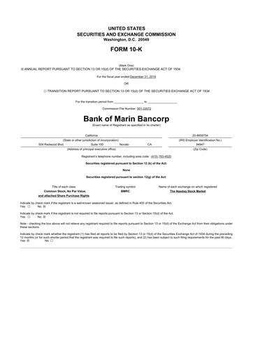 Thumbnail Bank of Marin Bancorp
 10-K Annual Report 2019