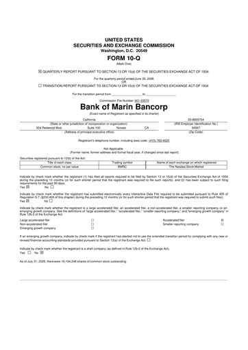 Thumbnail Bank of Marin Bancorp
 10-Q Quarterly Report FY2026 