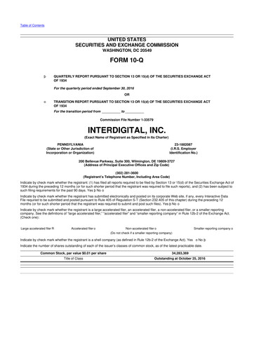Miniature InterDigital
 10-Q Rapport trimestriel 2016 
