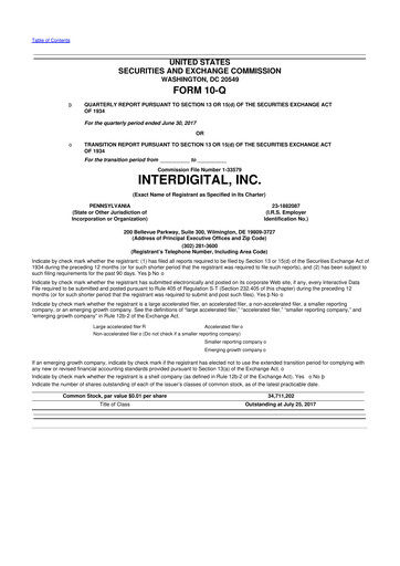 Miniature InterDigital
 10-Q Rapport trimestriel 2017 