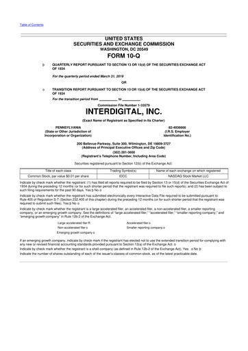 Miniature InterDigital
 10-Q Rapport trimestriel 2019 