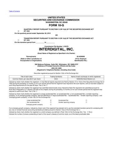 Miniature InterDigital
 10-Q Rapport trimestriel 2019 