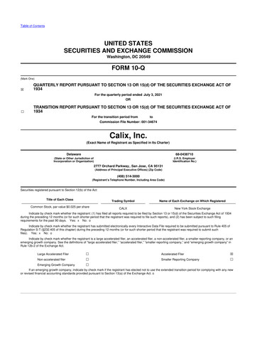 Thumbnail Calix 10-Q Quarterly Report FY2021 