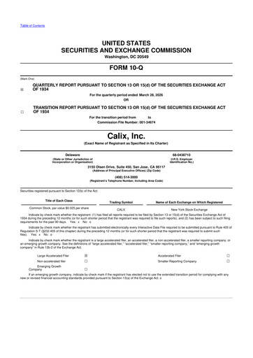 Thumbnail Calix 10-Q Quarterly Report FY 