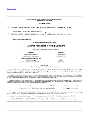 Thumbnail Graphic Packaging 10-Q Quarterly Report FY2019 