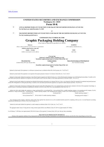 Miniature Graphic Packaging 10-K Rapport annuel 2019