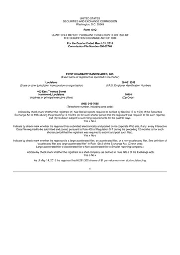 Thumbnail First Guaranty Bancshares 10-Q Quarterly Report FY2015 