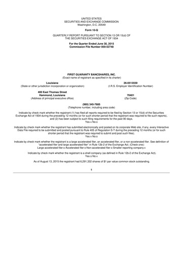 Thumbnail First Guaranty Bancshares 10-Q Quarterly Report FY2015 