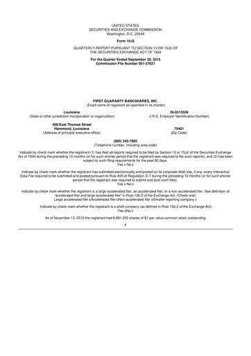 Thumbnail First Guaranty Bancshares 10-Q Quarterly Report FY2015 