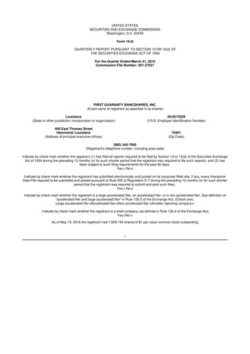 Thumbnail First Guaranty Bancshares 10-Q Quarterly Report FY2016 