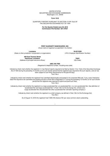 Thumbnail First Guaranty Bancshares 10-Q Quarterly Report FY2016 