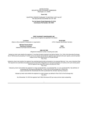 Thumbnail First Guaranty Bancshares 10-Q Quarterly Report FY2016 