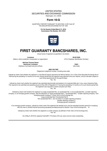Thumbnail First Guaranty Bancshares 10-Q Quarterly Report FY2018 