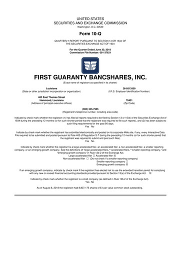Thumbnail First Guaranty Bancshares 10-Q Quarterly Report FY2018 