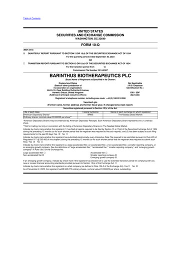 Thumbnail Barinthus Biotherapeutics 10-Q Quarterly Report FY2023 