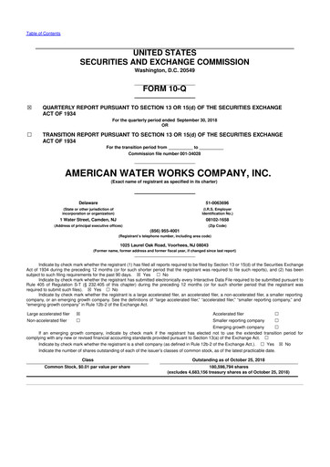 Thumbnail American Water 10-Q Quarterly Report FY2018 