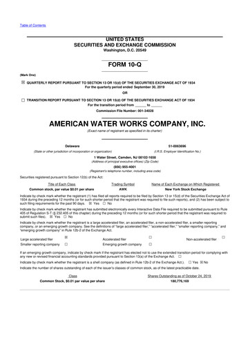 Thumbnail American Water 10-Q Quarterly Report FY2019 