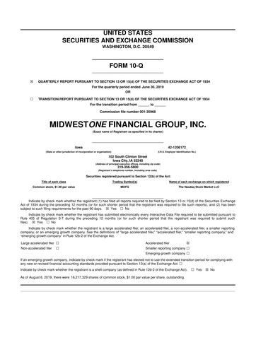 Thumbnail MidWestOne Financial Group
 10-Q Quarterly Report FY2019 