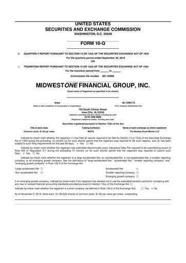 Thumbnail MidWestOne Financial Group
 10-Q Quarterly Report FY2019 