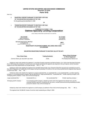 Thumbnail Oaktree Specialty Lending Corporation 10-Q Quarterly Report FY 