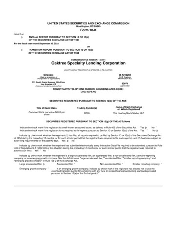 Thumbnail Oaktree Specialty Lending Corporation 10-K Annual Report 2022