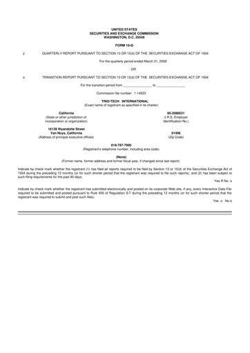Thumbnail Trio-Tech International 10-Q Quarterly Report FY2009-05-14 