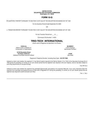Thumbnail Trio-Tech International 10-Q Quarterly Report FY2009-11-20 