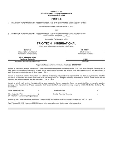 Thumbnail Trio-Tech International 10-Q Quarterly Report FY2011 Q2